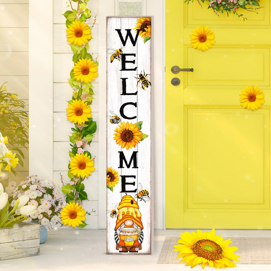 Chitidr Summer Sunflower Welcome Porch Sign Outdoor Standing Decoration Wooden Vertical Sign Rustic Sunflower Bee Gnomes Outdoor Front Porch Decor for Farmhouse Door Decoration, 47" H