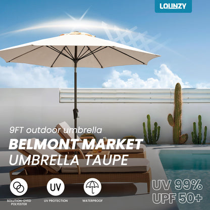 LOUNZY 9FT Large Outdoor Patio Umbrella Table Umbrella-UV Resistant,Easy Push Button Tilt and Crank,8 Sturdy Fiberglass Ribs Pool Umbrella for Patio,Backyard,Deck,Yard,Market,Beige