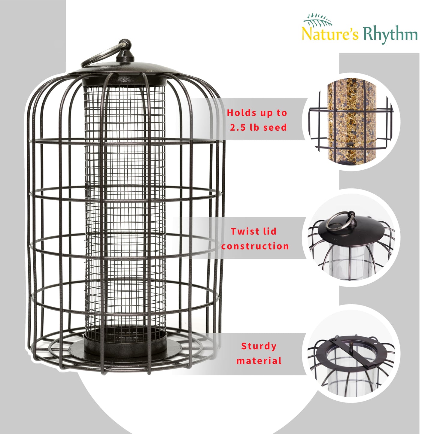 Nature's Rhythm Outdoor Hanging Bird Feeder Cage Mesh Tube Squirrel Proof Wild Bird Feeder with Large Metal Seed Guard Deterrent Green
