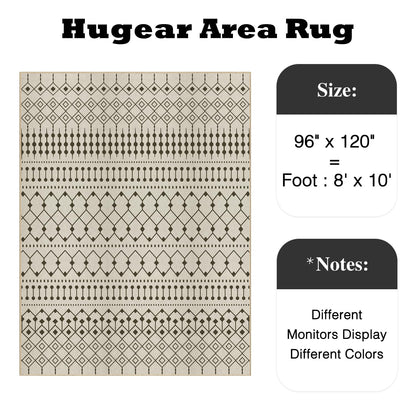 HUGEAR 8x10 Outdoor Rug Black/Beige Linen-Look Fabric Boho Area Rug High Traffic Stain Resistant Easy Clean Durable Rugs for Indoor/Outdoor Patio Deck Balcony Porch Garden Courtyard