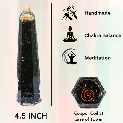 Amazing Gemstone Black Tourmaline Orgonite Orgone Crystal Towers - Large 4.5" Orgonite Crystal Wand Obelisk Tower Point for Meditation, Crystals and Healing Stones Gift and Protection