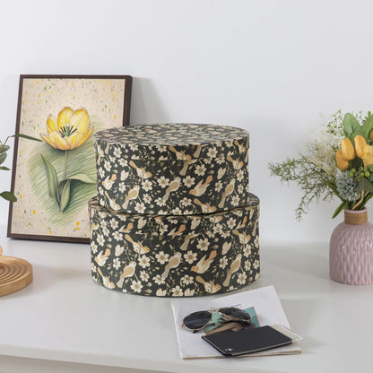 Soul & Lane Large Oval Cardboard Decorative Storage Boxes with Lids - Midnight Blossom Serenade, Set of 2 Cardboard Boxes for Flowers and Gifts, Nesting Memory Containers for Keepsakes and Organizing