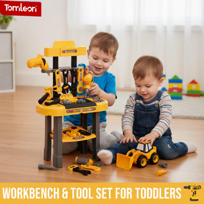 Toddler Workbench & Tool Set with Battery-Operated Drill - Includes 2 Big Take-Apart Trucks & Realistic Tools, Construction Tool-Bench Toy for Kids 3-5, Toolbox Gift for Boys 3 4 5 Years Old