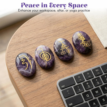 LoveNspire Crystal Reiki Stones with Engraved Symbols Healing Crystals Gemstone Amethyst 7 Chakra Tumbled Polished Palm Pocket Worry Stones - Chakra Balancing Kit for Meditation Yoga