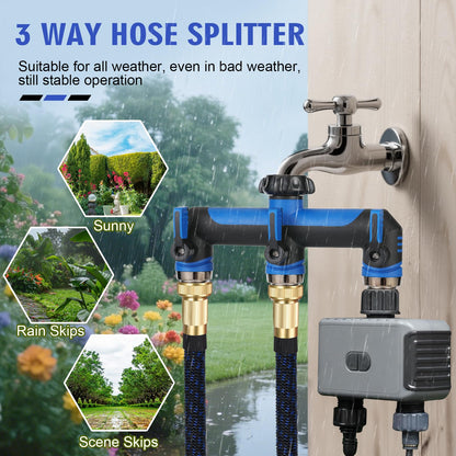 Garden Hose Splitter, 3 Way Water hose bib Spigot splitter, T Hose Connector- with Shutoff Valves Water Adapter，Outdoor Faucet Splitter 3/4" GHT Thread， For Home Outdoor Garden irrigation（ blue）