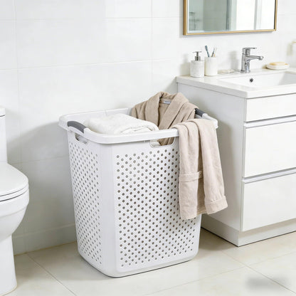 Plastic Laundry Hamper – 2.5 Bushel Large Capacity Basket with Handles, Sturdy White Clothes Hamper for Bedroom, Bathroom & Dorm