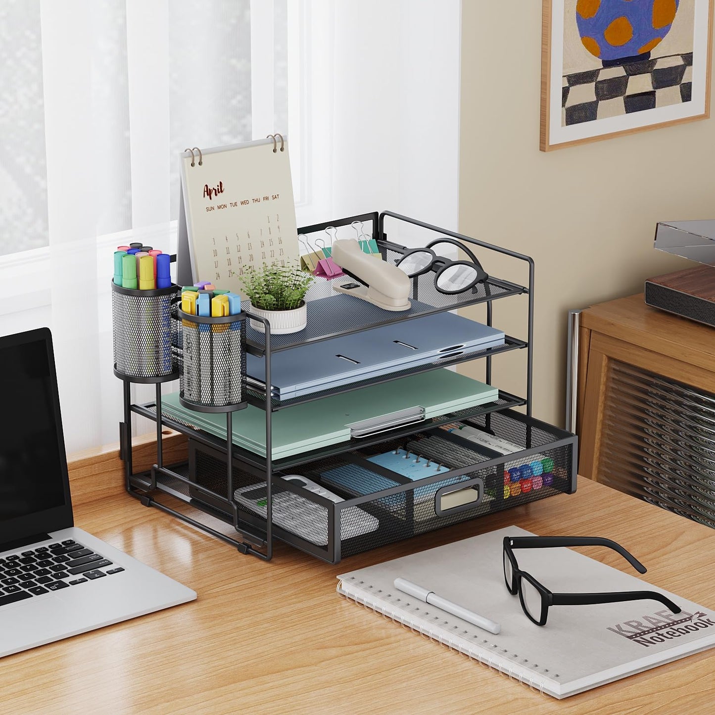 Marbrasse Desk Organizer and Accessories4-Tier Paper File Letter Tray Accessories & Workspace Desk Organizers with Drawer and 2 Pen Holders for School Home Office Supplies (Black)