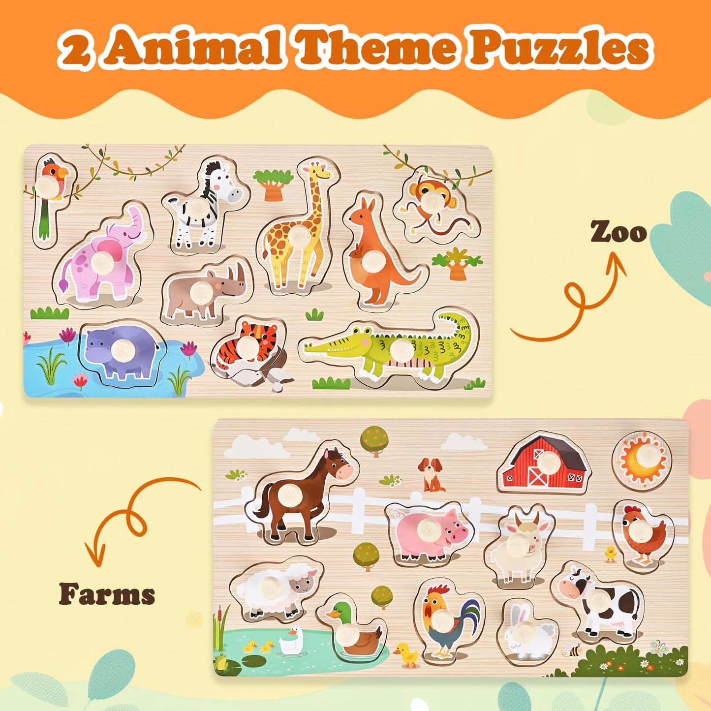 WoodTrove Wooden Peg Puzzles for Toddlers 1-3, 2 Pcs Montessori Puzzles, Zoo & Farm Animal Puzzles, Great Preschool Educational Learning Gifts for Girls and Boys