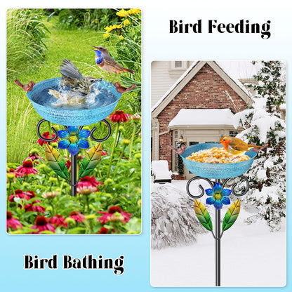 SHUONIVS Metal Bird Bath for Outside, Freestanding Birdbaths Detachable Decoration Spa Birdfeeder, Bird Baths Feeder Bowl for Outdoors Garden Patio Yard Lawn Decor (Blue+Flower)