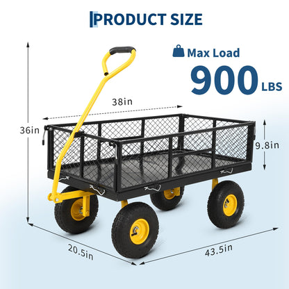 900 Lbs Heavy Duty Steel Garden Cart, Garden Wagon Cart on Wheels, Outdoor Metal Yard Utility Wagon Carts with and Mesh Removable Sides(Convert to Flatbed) and 180°Rotating Handle,Black