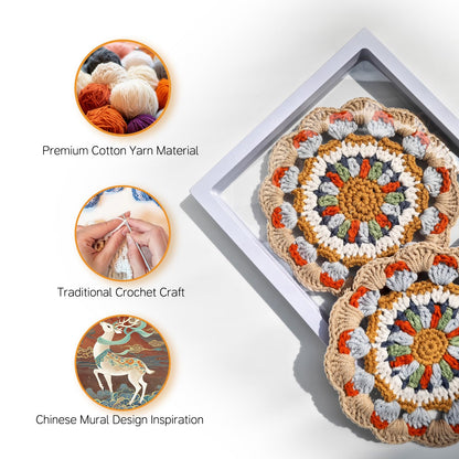 5.9 Inch Handmade Crochet Coaster, Non-Slip Cotton Drink Coaster with Oriental Traditional Nine-Color Deer Mural Motif, for Home Office Use, for Art Lovers & Housewarming