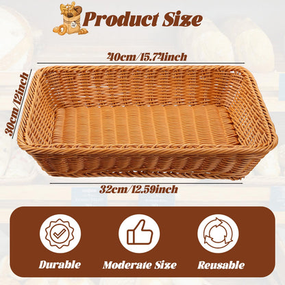 Retainbre 3 Pack Wicker Bread Baskets for Serving 15.8 Inch Rattan Tray Rectangular Display Baskets for Food Fruit Vegetables Snack Decorative Kitchen Restaurant Home