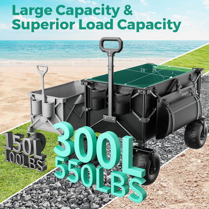 SUNNYFEEL Collapsible Beach Wagon with 9" Balloon Wheels, 300L Beach Cart with Big Wheels for Sand, 550LBS Heavy Duty Folding Wagon Cart with Adjustable Handle for Camping, Garden, Outdoor, Black