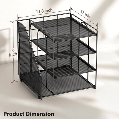 Becomrock Desk Organizer, 4-Tier Metal File Organizer for Desk with Vertical File Holder, Office Accessories and Desktop Storage for Office Supplies (Black)