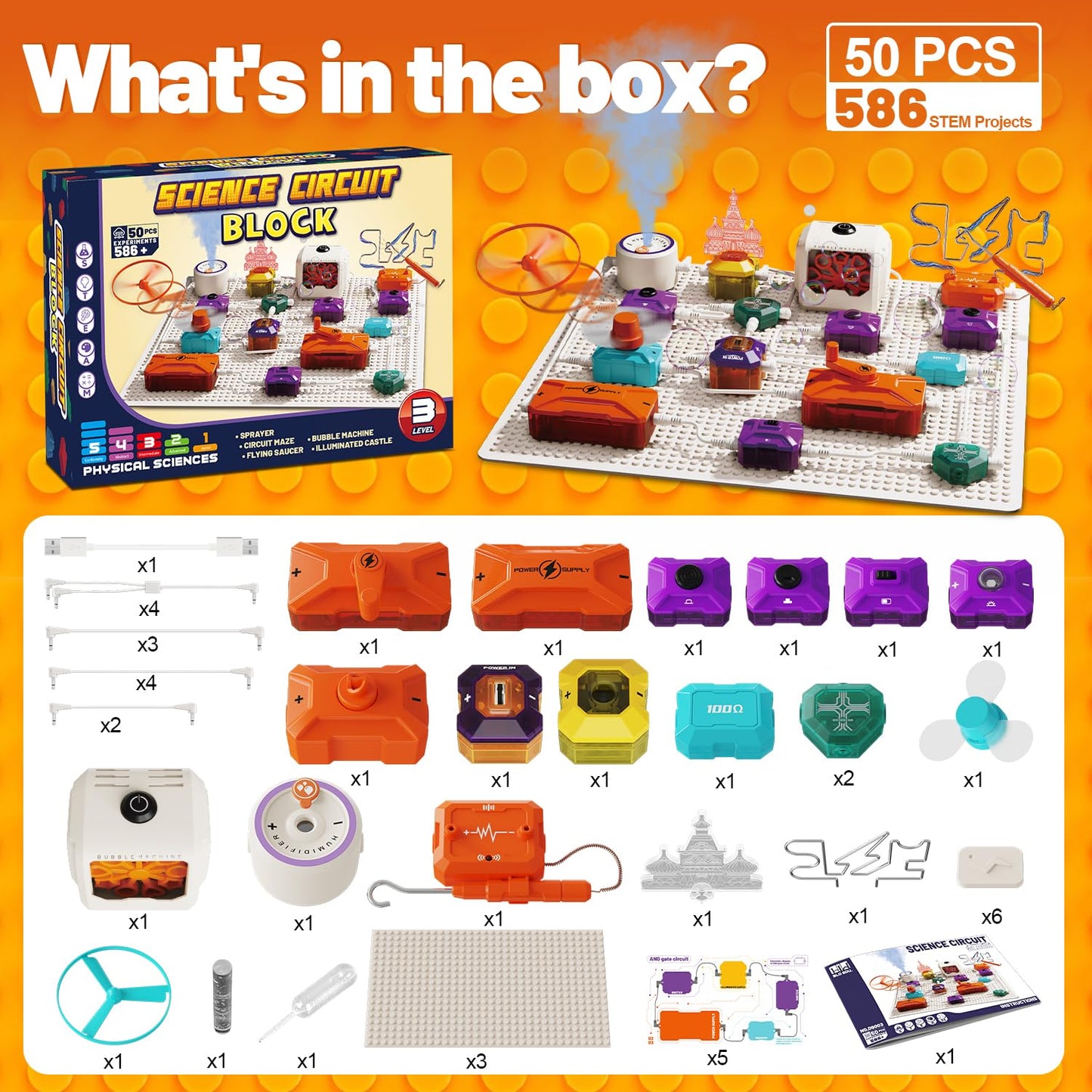 Science Kits for Kids - STEM Kits for Kids, Electronics Exploration Kit, Over 420 Projects, 50 Circuit Parts with Bubble Maker，Fan & Flying Helicopter, STEM Educational Toy Gifts for Boys& Girls