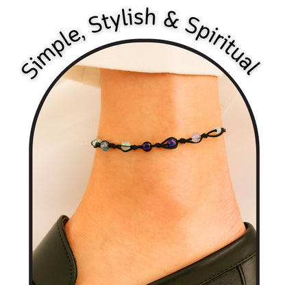 Amazing Gemstone Multi Fluorite Anklet Ankle Bracelets for Women - Waterproof Beaded Healing Crystal Anklets, Plus Size Chakra Gemstone Bead Anklet (Stretchy Adjustable - Hand Knotted)