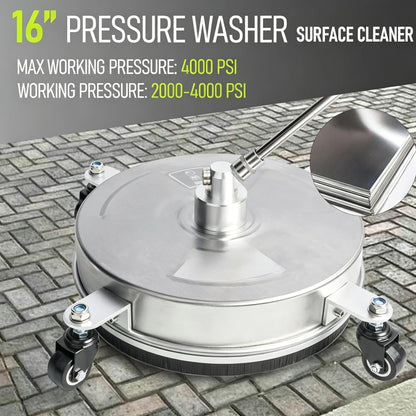 Hourleey 16" Pressure Washer Surface Cleaner, Stainless Steel Surface Cleaner with 4 Wheels for Concrete, Patio, Sidewalk, Deck, Pathway 1/4" Quick Connector, 2 Extension Wand, 4000 PSI