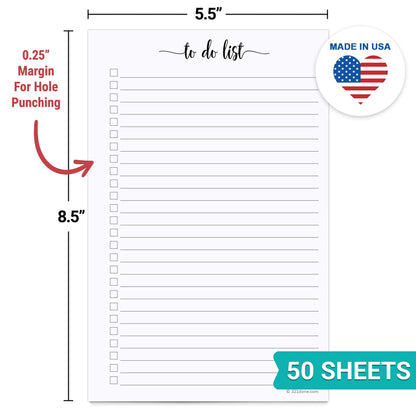 321Done To Do List Notepad for Planner Refill Pages – Made in USA - 50 Sheets (5.5x8.5) To-Do's Tear Off, Planning Memo Pad, Checklist Notes Left Hole Punch Margins - Simple Script College-Ruled
