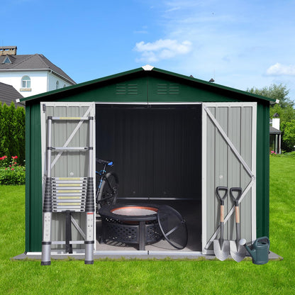 KTATK 10x8 FT Metal Garden Sheds with Hinged Door and Padlock & Punched Vents,Aluminum Outdoor Storage Shed w/Eco-Friendly Painting,for Bike, Barbeque,Tool,Green+White