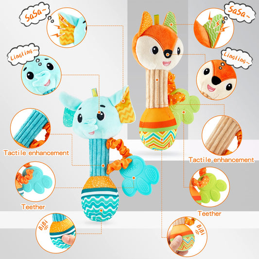 Baby Rattles 0-6 Months，Baby Soft Rattles Shaker，Hand Grab Sensory Shaker,Teething Toys for Babies 6-12 months，Sensory Plush Animal Toys For 0 3 6 9 12 Months Newborn Toys, 2PCS