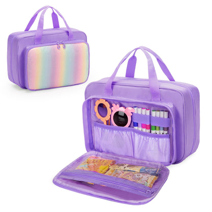 Kids Travel Toy Organizer with Hanging Hook, Storage Bags with Multi-compartments for Child’s Toys, Snack or Other Essentials, Water-resistant Toiletry Carrying Bag, Two Way Zipper, Purple (Bag Only)