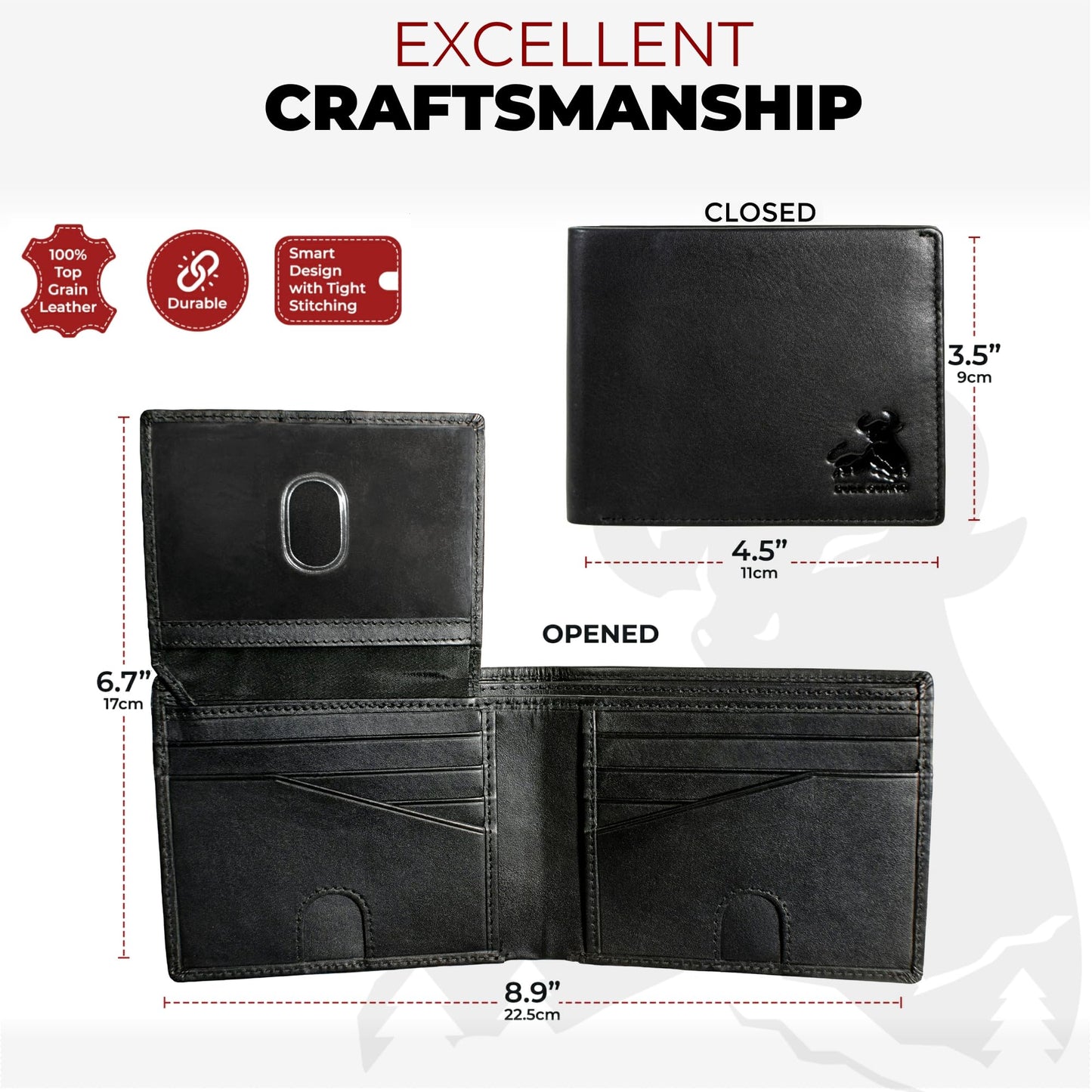 BULL GUARD RFID Blocking Wallet For Men Bifold Soft Black Genuine Nappa Leather Secure and Durable Extra Capacity Billfold with 11 Credit Cards