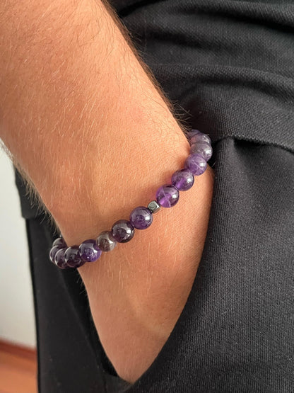 joy-d 8mm Amethyst Beaded Bracelets with Natural Stone and Hematite Accents, Unisex Gemstone Beads Jewelry for Men and Women - Thoughtful Gift for Him and for Her
