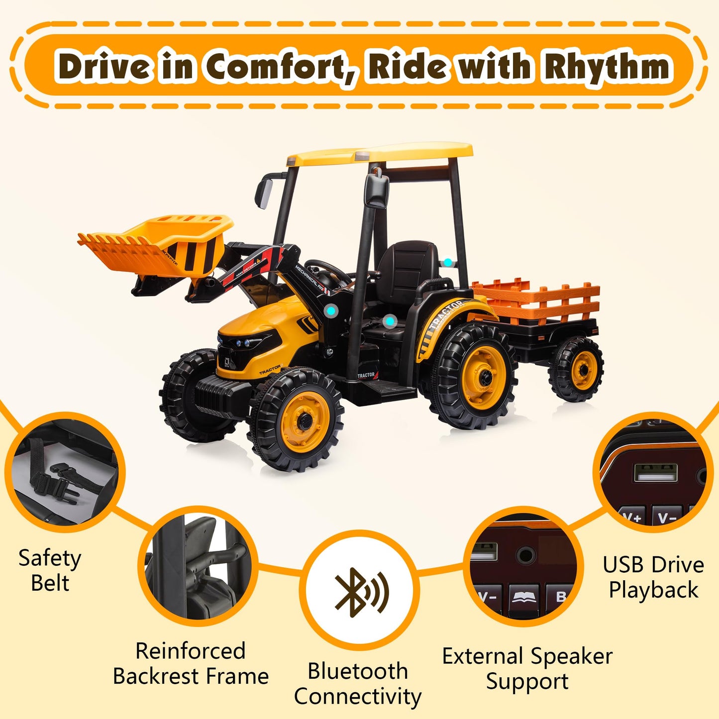 Albott 24V Ride on Tractor for Kids with Trailer & Front Loader, 3-in-1 Electric Construction Vehicle, Dual Motors, All-Terrain Wheels, LED Lights, Outdoor Gift for Boys Girls Ages 3-8 (Yellow)