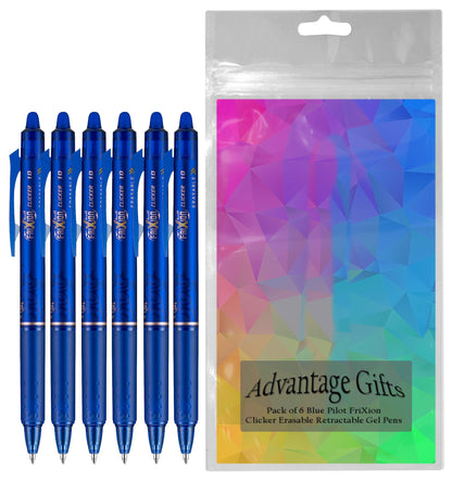 Advantage Gifts FriXion Clicker Retractable Erasable Gel Pen, Blue, Bold Point, 6-pk; Bundle with Plastic Reusable Pouch