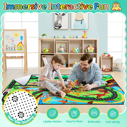 Diysani Kids Rug, Car Carpet for Kids' Toy Cars, 6x9 Ft Dinosaur Rug, Dino Safari Road Mat for Playroom, Educational Learning & Game Area Baby Play Mat Carpet for Children