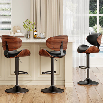 YaFiti Swivel Bar Stools Set of 2 for Kitchen Counter, Adjustable Bentwood Barstools, Modern PU Leather Upholstered Bar Chair with Back and Footrest, for Bar, Kitchen, Dining Room, Black