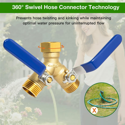 Garden Hose Splitter 2 Way, Solid Brass Water Hose Splitter with 304 Stainless Steel Handle, 3/4" GHT Thread Leak-Proof Y Valve for Outdoor Faucet Lawn, Irrigation & Washing