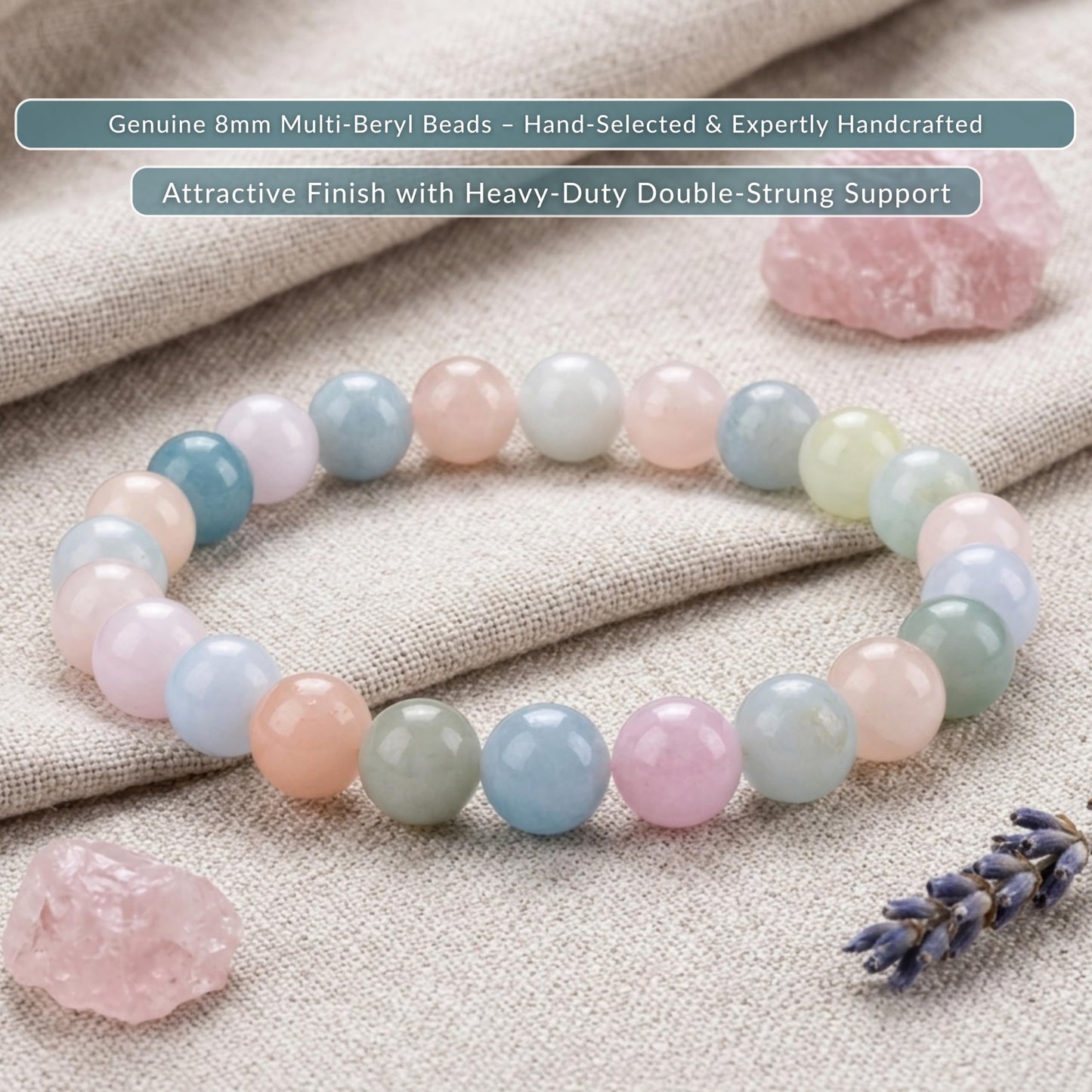 Cherry Tree Collection Multi-Beryl Beaded Bracelet – Genuine 8mm Gemstone Stretch Bracelet for Men & Women – Handmade Crystal Bracelet - (Multi-Beryl - M)