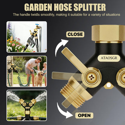 Hose Splitter 2 Way Heavy Duty, Metal Body Full Flow Garden Hose Splitter with Shut-Off Valve,3/4'' GHT Connector Water Hose Bib Y Spigot Splitter, For Outdoor Spigot Faucet and horticultural use.