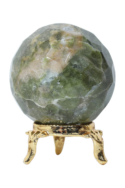 Crocon 50mm Vesuvianite diamond cut Stone sphere Ball with Metal Stand 1400+ Carats Gemstone Ball Healing ornament rock Sphere Sculpture Figurine for Fengshui Divination Crystal Home Decor Photography