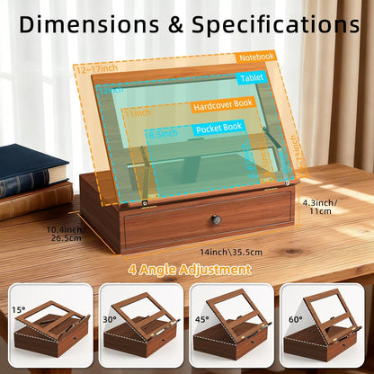 Book Stand with Storage, Book Holders for Reading Hands Free, Wooden Cookbook Stand with 4 Adjustable Height for Recipe,Magazine,Laptop,Tablet, Bible