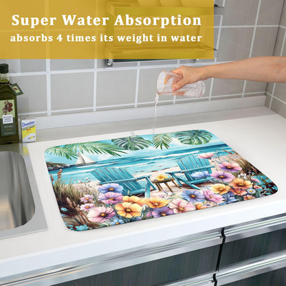 Spring Summer Sea Chair Dish Drying Mat for Kitchen Counter,Coastal Beach Palm Leaf Flowers Drying Mat 18 x 24 Inch with Absorbent Reversible Microfiber Drying Pad for Coffee Bar