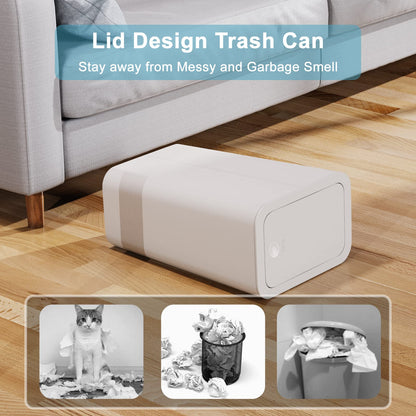 N. NETDOT 3 Pack 10L / 2.6 Gallon Small Trash Can with Lid, Bathroom Garbage Can with Pop-Up Lid, Waste Basket for Bathroom, Kitchen, Bedroom, Powder Room, Craft Room, Office, College (Off White)