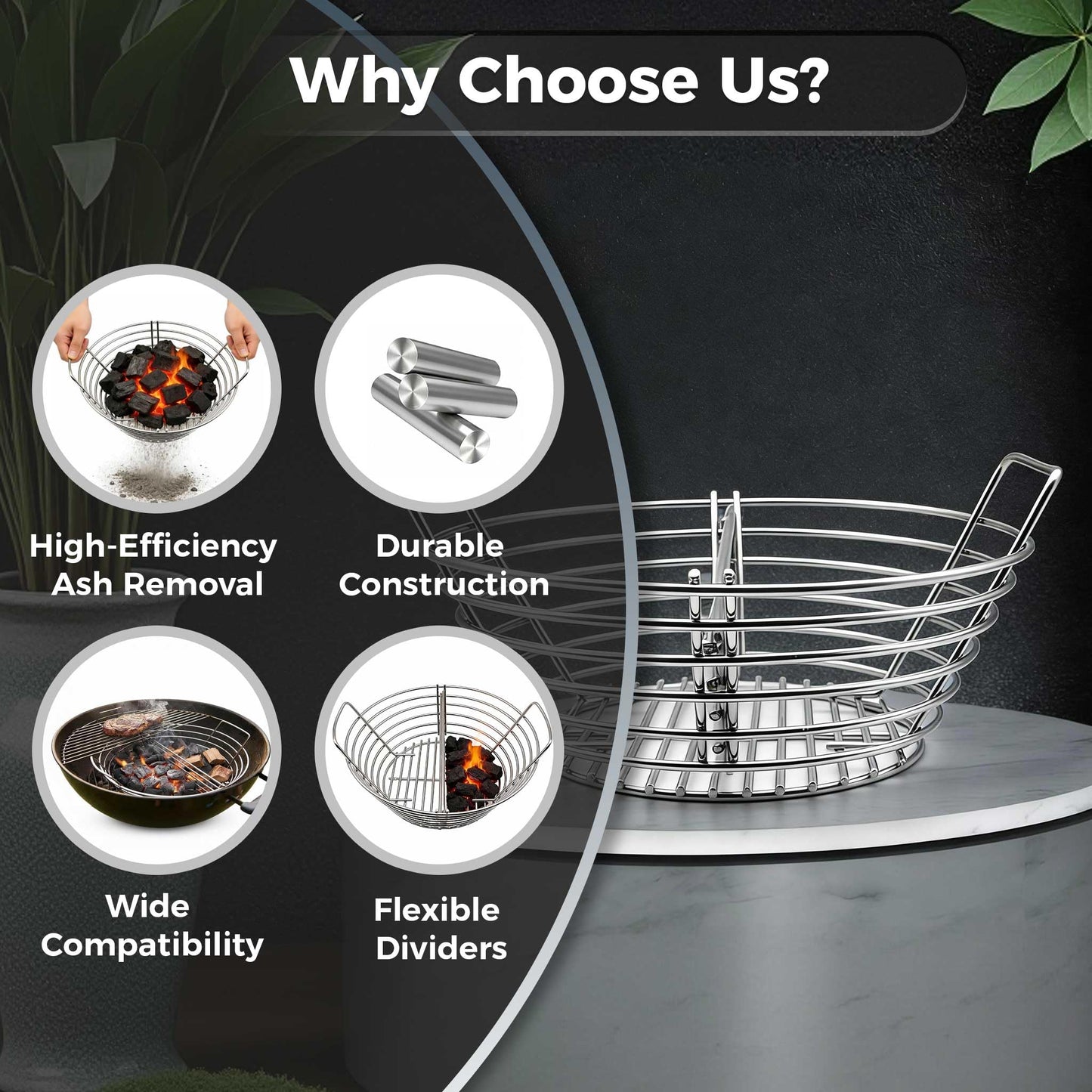 MGSJ Craft Charcoal Ash Basket, Stainless Steel Charcoal Basket with Divider, Fits Large Big Green Egg Grill, Kamado Joe Classic and Other Similar Grills, Kamado Joe Accessories for Men