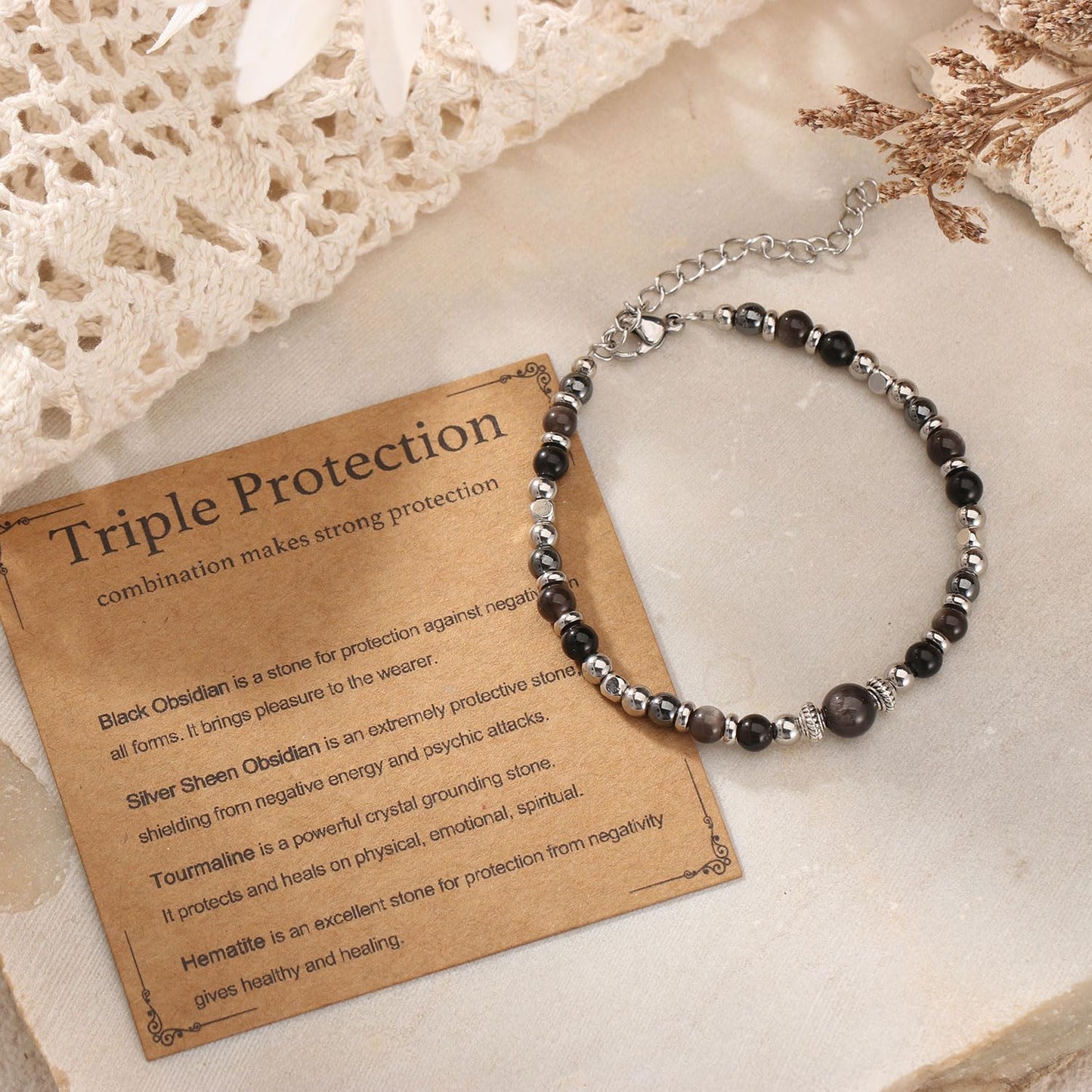 Triple Protection Bracelet for Women, Hematite Black Tourmaline Obsidian Bracelets Natural Healing Stone Empath Protection Bracelets for Women, Energy Healing Crystals Luck Wish Bracelet -(TP)