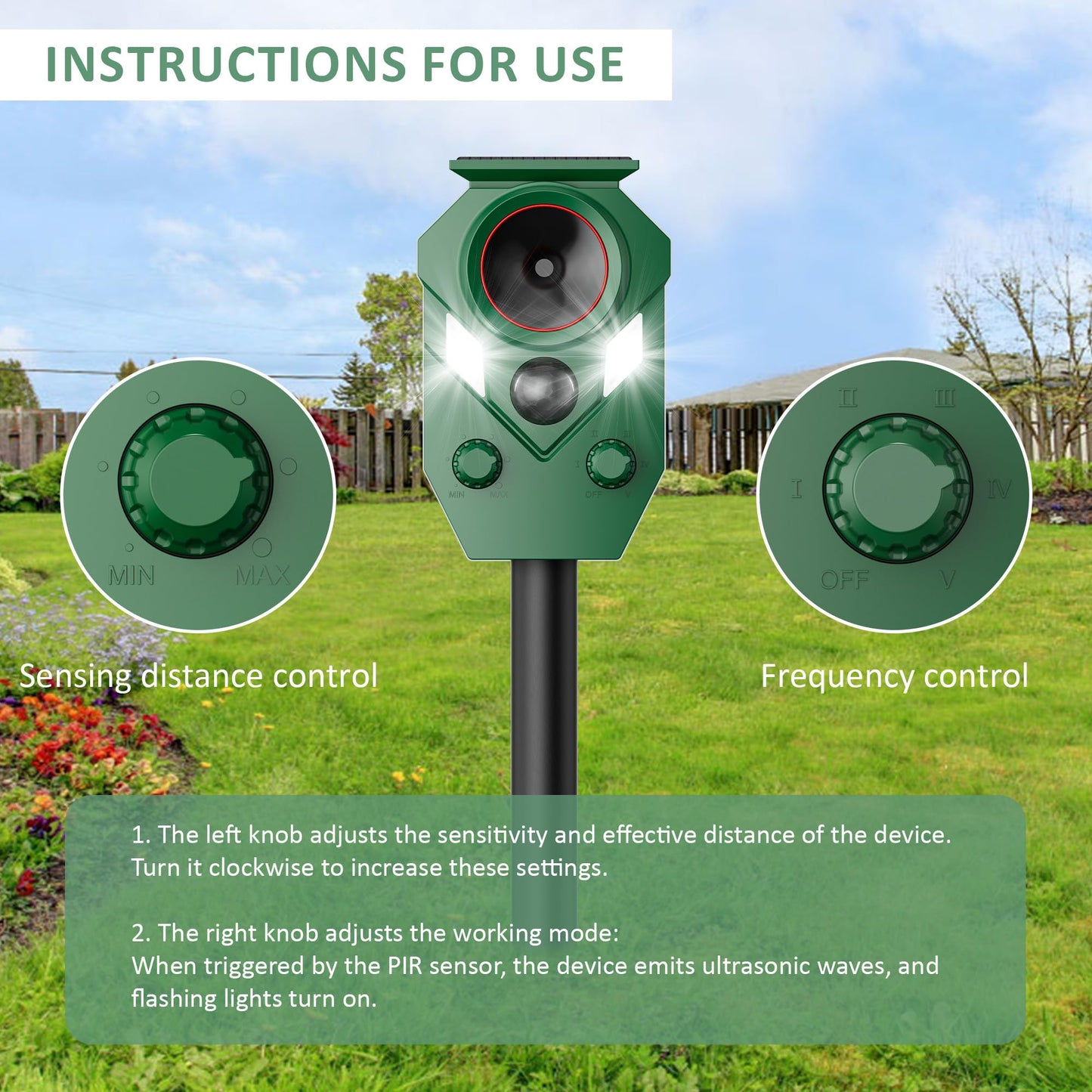 2-Pack Solar Powered Ultrasonic Animal Repeller, Outdoor Waterproof Deer Squirrel with Motion-Activated Sensor Strobe Light, for Cats, Raccoons, Skunks, Rabbits and More