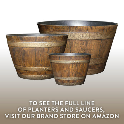 Classic Home & Garden Whiskey Barrel Planters - Wood Finish Flower Planter Pot - Decorative Garden Pots - Indoor & Outdoor Resin Planters - Weather-Resistant Planting Pots (9" Walnut Brown, Pack of 1)