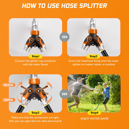 2 Way Garden Hose Splitter with Shut Off Valve,Water Spigot Splitter for 3/4" Hose Connector,Heavy Duty Metal Outdoor Faucet Splitter Y Connector for Hose,with 3 Leakproof Washers & 1 tape(2, Orange)
