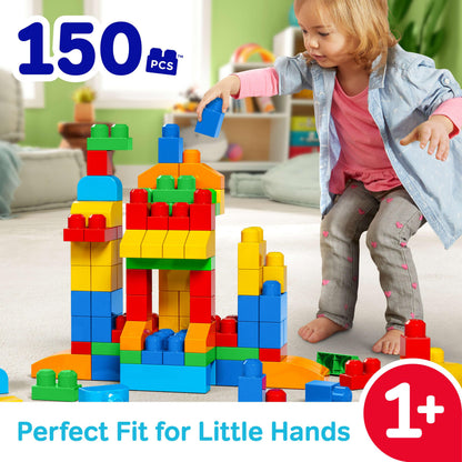 MEGA BLOKS First Builders Toddler Blocks Toys Set, Deluxe Building Bag with 150 Pieces and Storage, Creative Open-Ended Play, Blue, Ages 1+ Years (Amazon Exclusive)