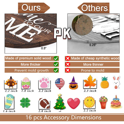Yonuni Interchangeable Welcome to Our Home Sign, Equipped with 16 Replaceable Icons, Farmhouse Front Door Signs Wooden Wreath Suitable for All Seasons Holiday Halloween Christmas (12x12 Inch)