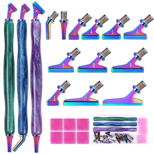 DoreenBow 21Pcs Diamond Art Painting Pen Kit Angled Screw Thread Tips Metal Stainless Steel Rainbow Diamond Art Tips Ergonomic Diamond Art Tools with 6 Clay, Shiny Pen