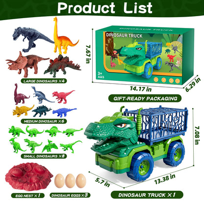 Guminnara 22 in 1 Toddler T-rex Dinosaur Truck Toy Set for Kids Boys 3-5 5-7, Tyrannosaurus Carrier Transport Truck with 18 Jurassic Dino Figures, Birthday Toy for Boys Girls 3 4 5 6 7 Years Old
