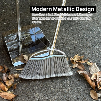 GLOYY Outdoor Broom and Dustpan Comb Set,Heavy Duty Stainless Steel Metal Dust Pan with Long Handle Commercial Stiff Bristles Broom for Home Garage Garden Patio