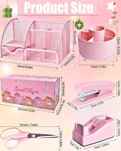 LXEVIHK 21Pcs Pink Desk Organizers and Accessories With Mesh Desk Organizer and 360°Rotating Pen Holder and a Lot of Office Pink Office Supplies Beautifully Presented in a Gift Box