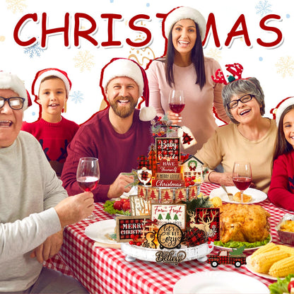 Shellwei 24 Pcs Christmas Tiered Tray Decor Wood Rustic Christmas Decoration for Home Table Shelf Winter Farmhouse Decor Xmas Trees Gnome Elk Snowflake Signs (Buffalo Plaid)